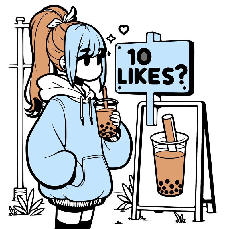 girl with oversized hoodie drinking boba and she has a high ponytail with a sign that says 10likes?