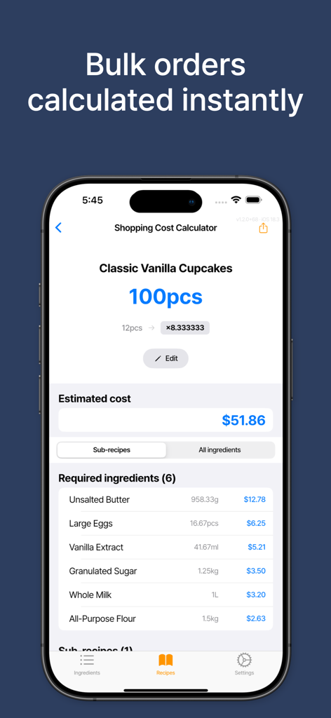 KitchenCost: Recipe Costing - KitchenCost mobile app showing a bulk order calculation for cupcakes with an ingredient cost list.