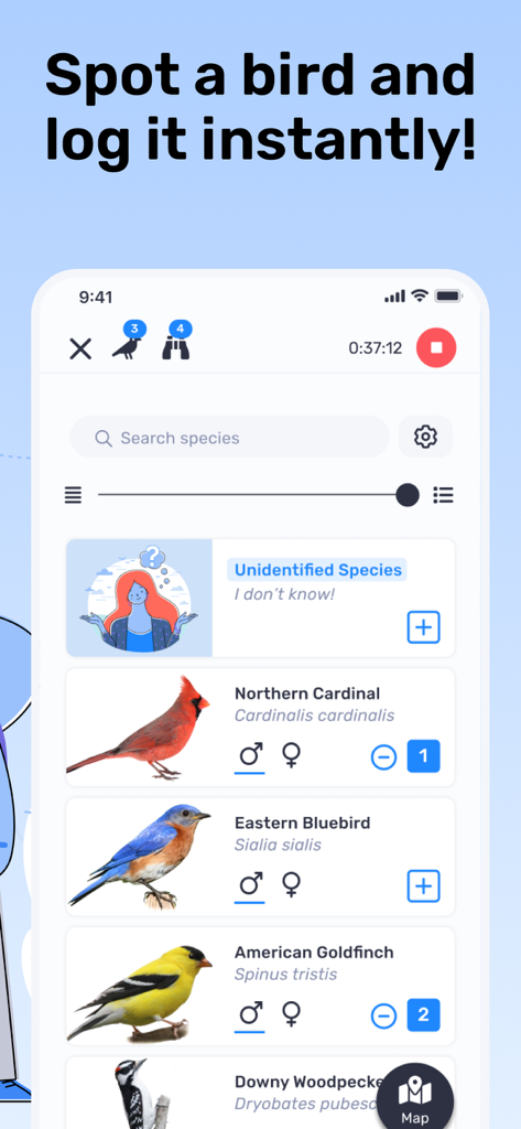 Schermata dello smartphone che mostra l'interfaccia di registrazione degli uccelli dell'app Birda con un elenco di specie e pulsanti di conteggio