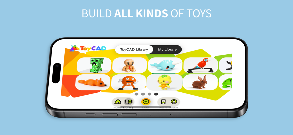 ToyCAD: Easiest 3D Drawing App - 여우, 토끼, 앵무새와 같은 다양한 3D 장난감 모델이 있는 ToyCAD 라이브러리를 보여주는 스마트폰 화면.