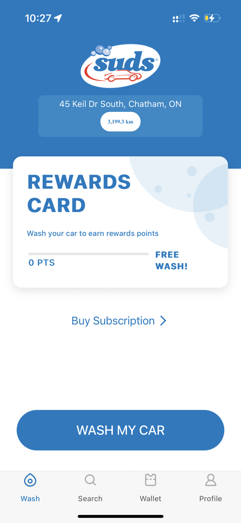 Suds Car Wash - Écran d'accueil de l'application Suds Car Wash présentant la carte de récompenses et un bouton 'Laver ma voiture'