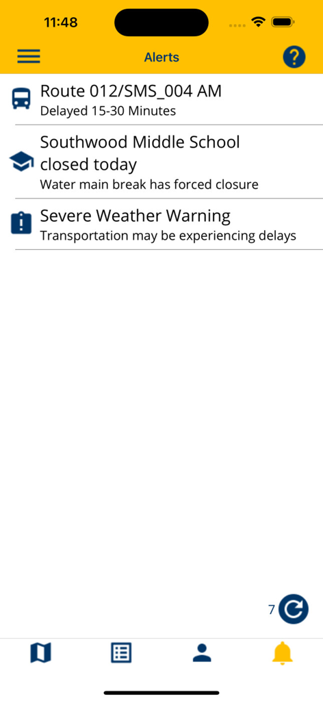 Chipmunk app screen showing school bus delay notifications and school closure alerts