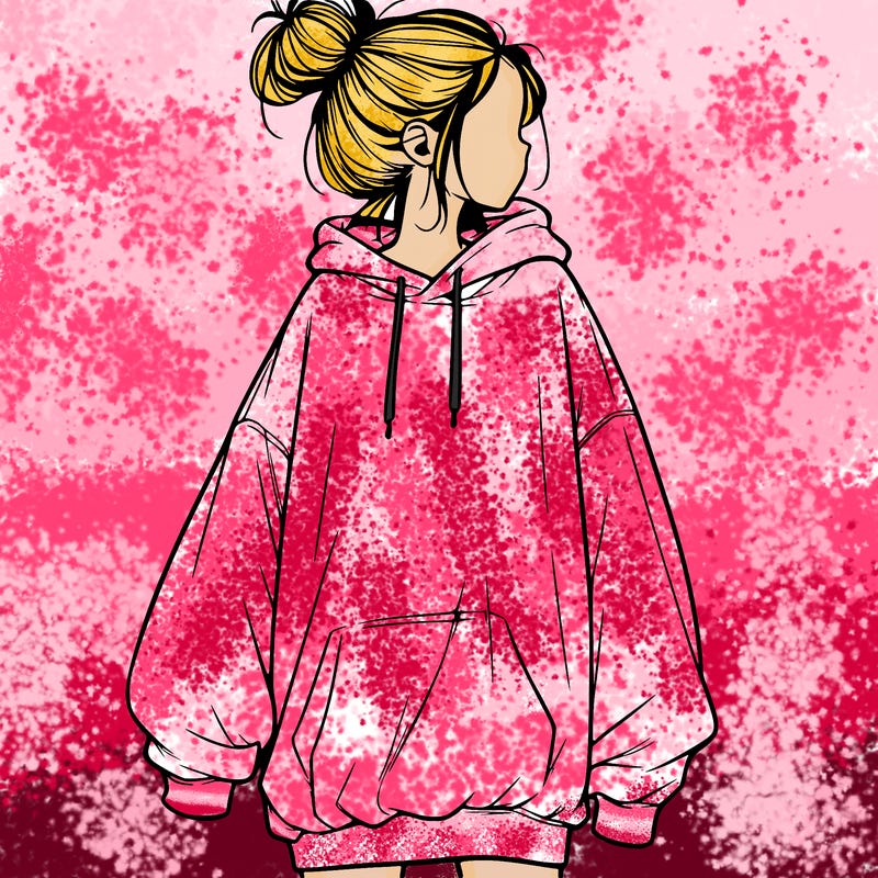 realistic girl with a oversized sweatshirt on and a bun