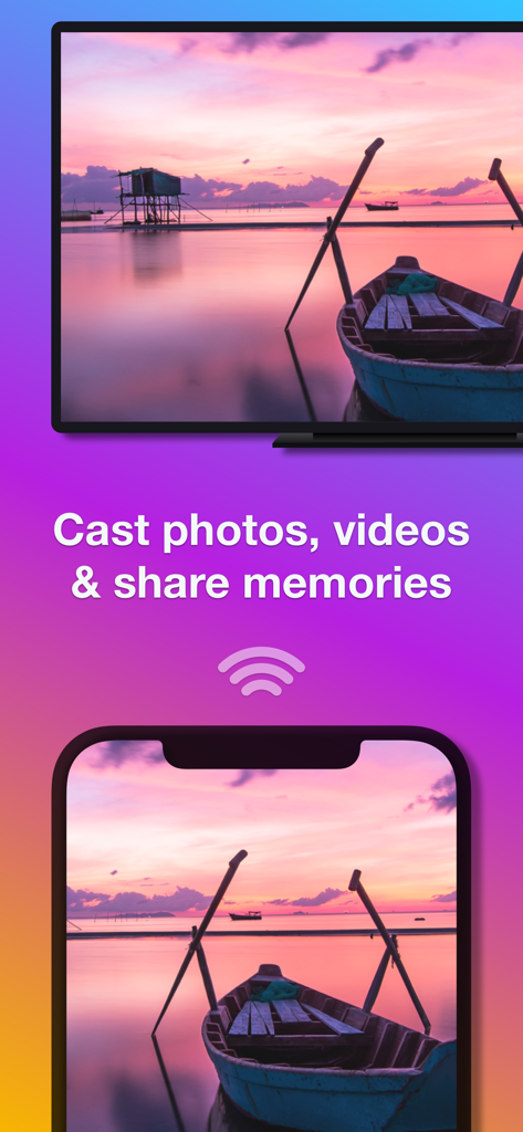 Un iPhone che trasmette una foto di un paesaggio al tramonto su un grande schermo di Smart TV in modalità wireless