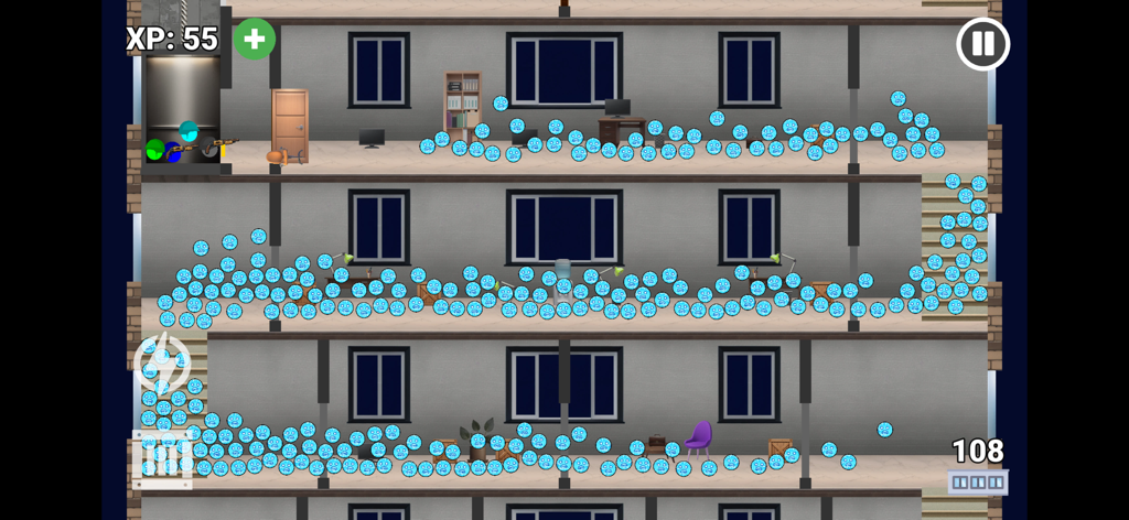 Zombie Tower Escape - Cross section of a tower building showing rooms and stairs filled with a horde of blue zombie marbles.