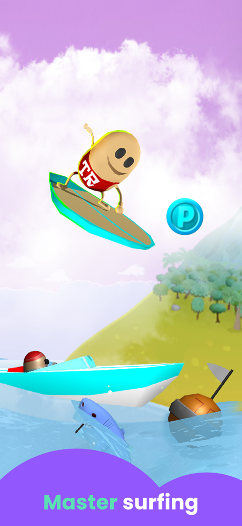 A cartoon character surfing on a green board above water with a shark and a boat nearby.
