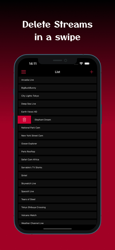 M3U8 Stream Player: TV & Video - A smartphone screen showing the swipe to delete functionality for managing a list of video streams in the M3U8 player app