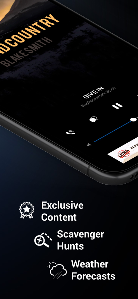 97.5 WOKQ Radio - 97.5 WOKQ Radio app screen highlighting exclusive content, scavenger hunts, and weather forecasts