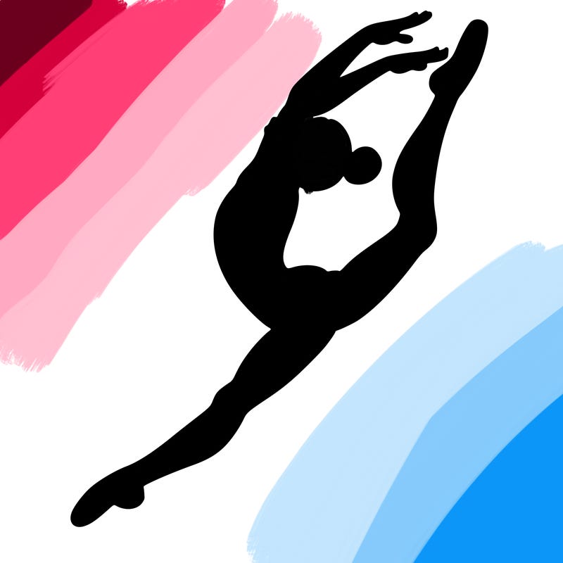 gymnast doing a leap in a leotard with a bent back leg