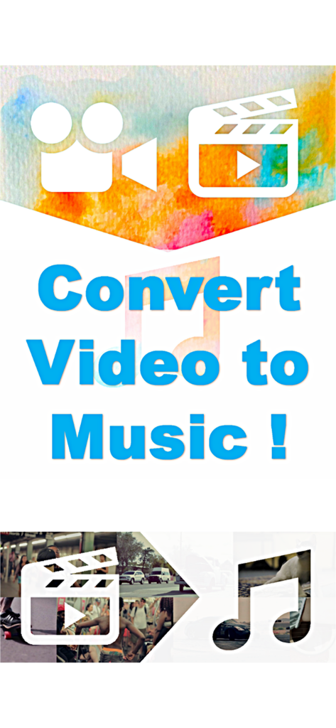 Video 2 Music  Audio Converter - Promotional banner for Video 2 Music app showing text Convert Video to Music with film and audio icons