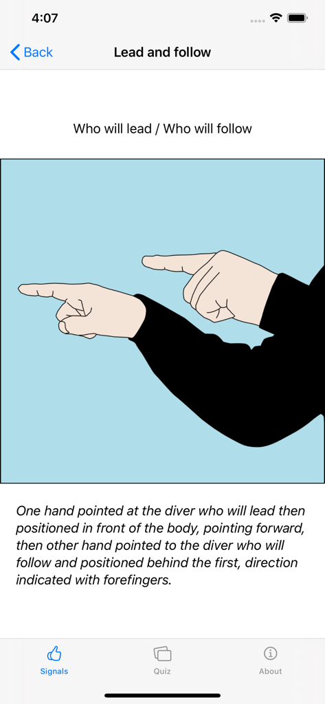 Scuba Dive Signals - Eine Illustration eines Tauch-Handzeichens, das verwendet wird, um zu kommunizieren, wer während eines Tauchgangs führen und wer folgen wird.