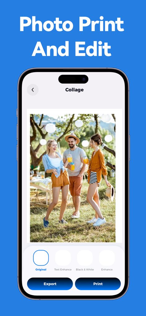 Smart Printer App-Print & Scan - Smartphone screen displaying the photo editing and printing interface for a collage within the app.