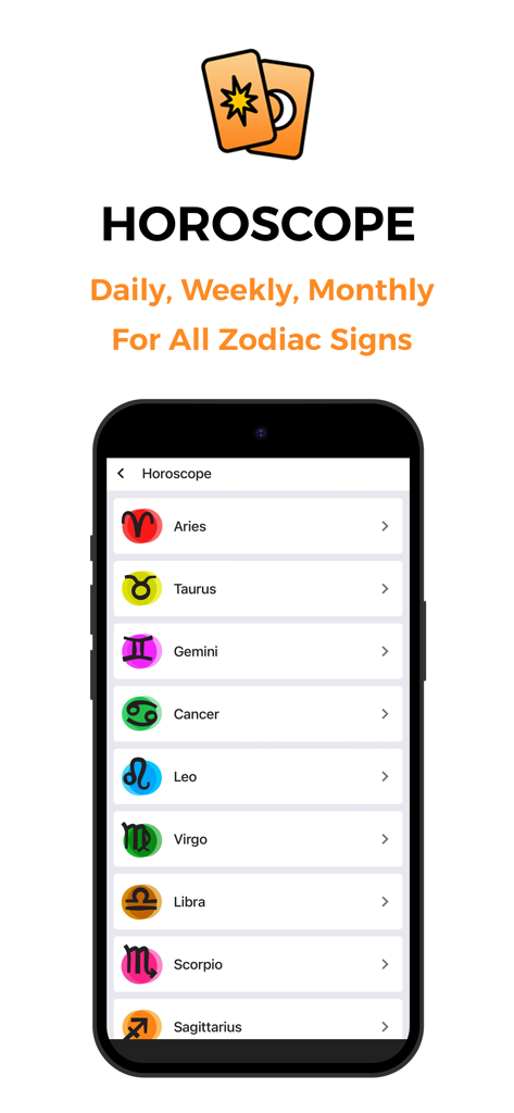 Mystic Tarot Reading & Cards - 毎日の週次および月次の星占いの星座のリストを表示するモバイルアプリインターフェイス