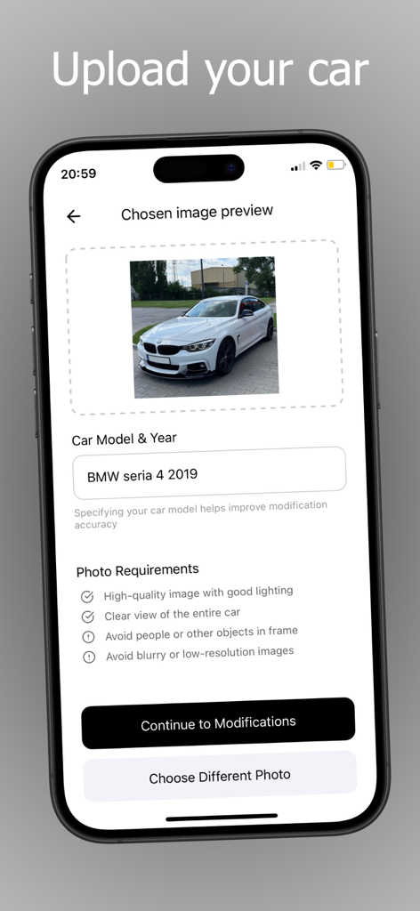 CarMod AI - Interface do CarMod AI mostrando um BMW branco carregado para modificações personalizadas