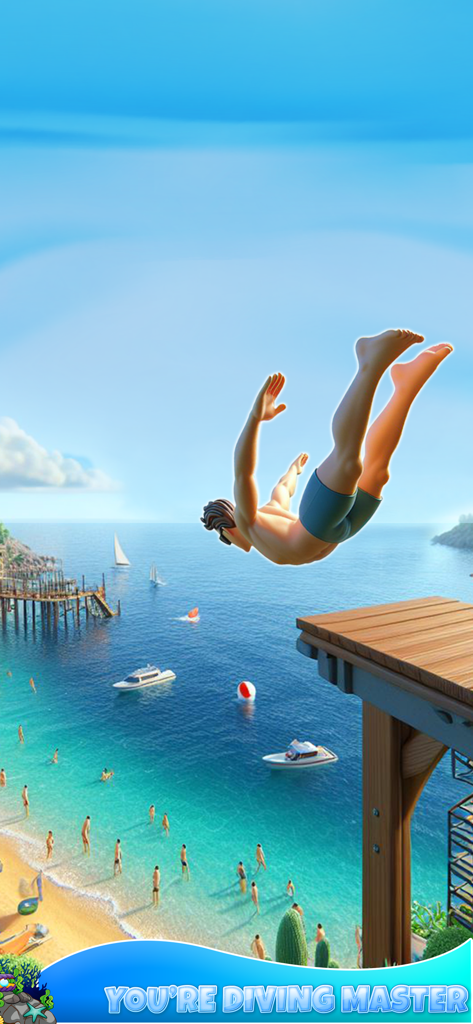 A man performing a mid air flip from a platform over a tropical beach