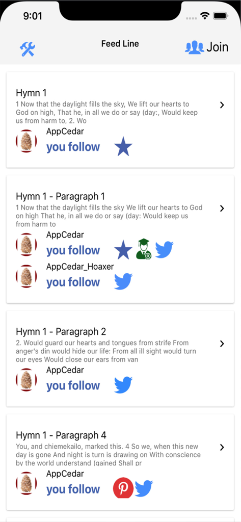 Hymn Book - A mobile interface showing the Feed Line feature with hymn verses and social sharing options.