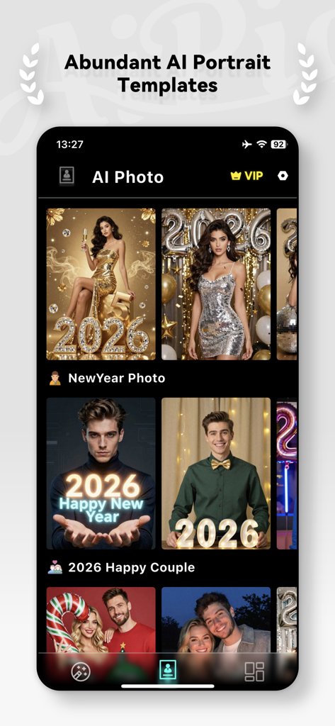 AiPic-Wonder AI Art Generator - Interface of AiPic app showing various AI portrait templates for New Year celebrations