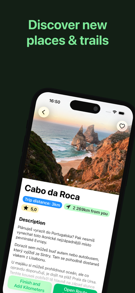 GoOff - GoOff app screen showing hiking trail details for Cabo da Roca with coastal photos and trip information