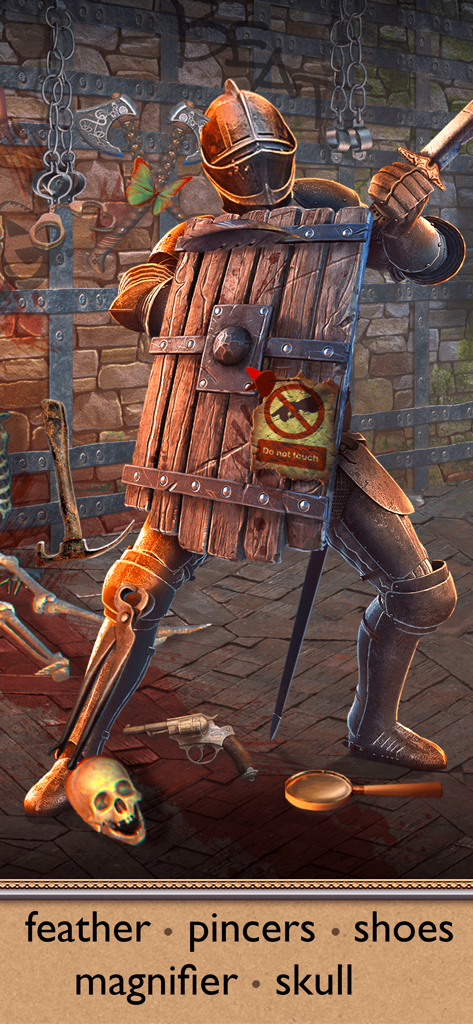 Mystery Spot: Hidden Objects - Gameplay screenshot of Mystery Spot featuring a knight in armor and a list of hidden objects to find including a skull and magnifier.