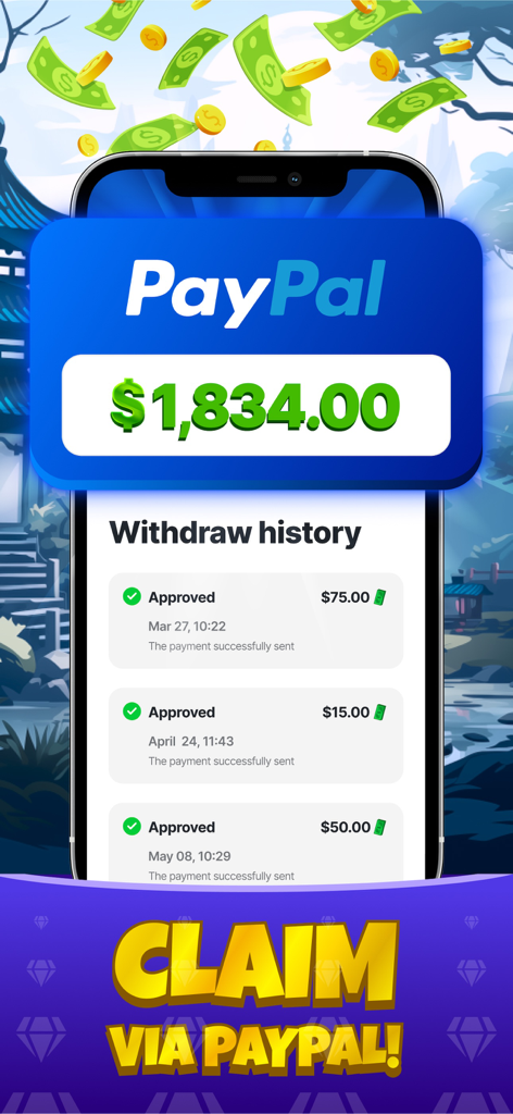 Écran de retrait d'argent PayPal montrant des récompenses en espèces approuvées du jeu Monkey Match