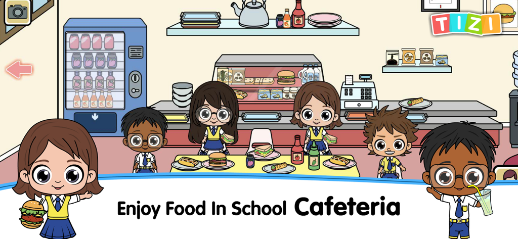 My Tizi School Cafe World Game - Cartoon school children eating lunch and role playing in a school cafeteria scene