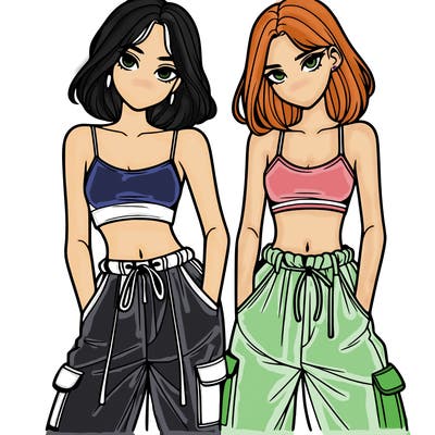 two girls with crop top with baggy pants