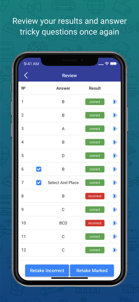 Interface do aplicativo VCE Simulator exibindo resultados de revisão do exame com opções para refazer perguntas incorretas
