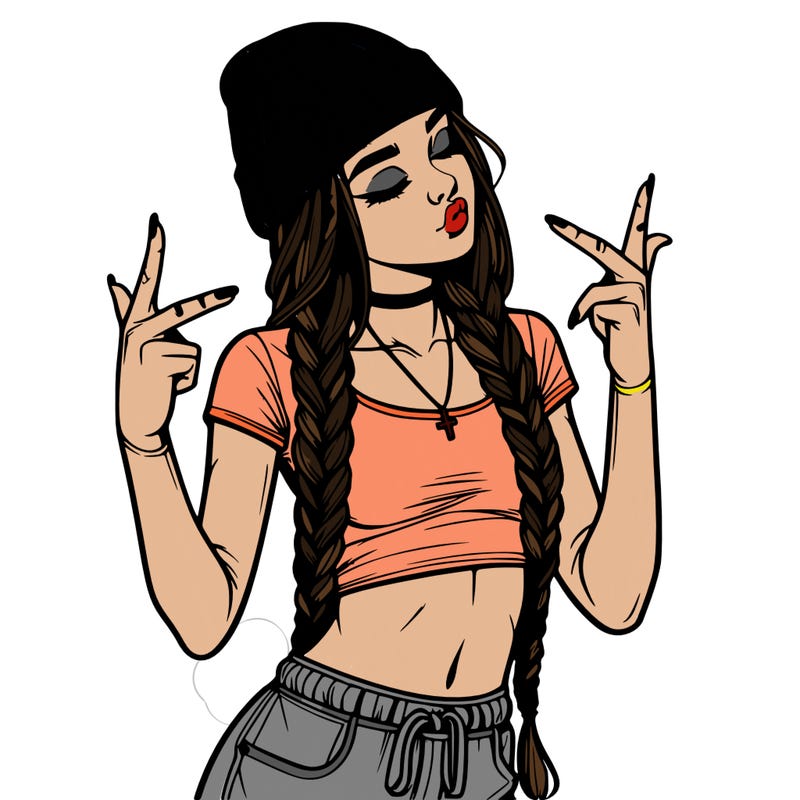 realistic teenage girl with braids and a beanie and crop top doing 🫶🏼