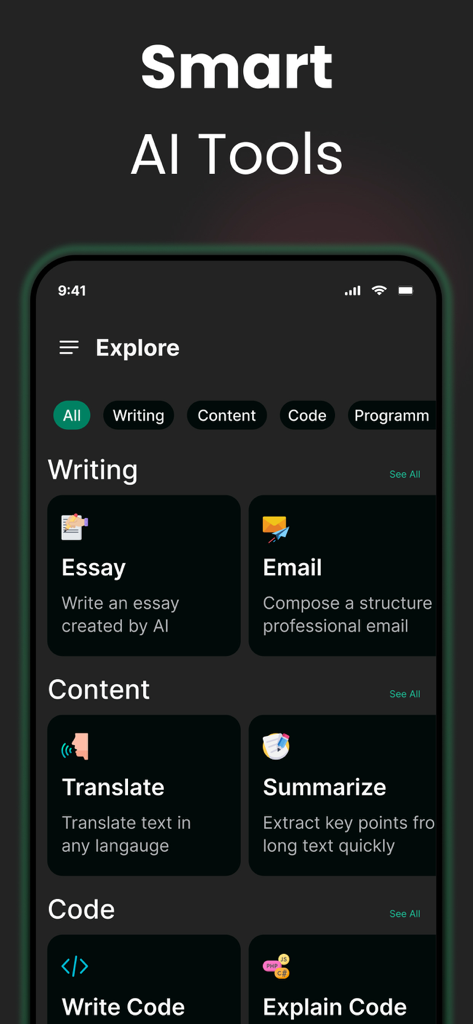 AI Chatbot app interface showing smart tools for writing content and code