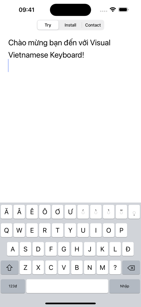 Mobile App-Oberfläche, die die Visuelle Vietnamesische Tastatur mit speziellen Tasten für Tonmarkierungen und Sonderzeichen zeigt