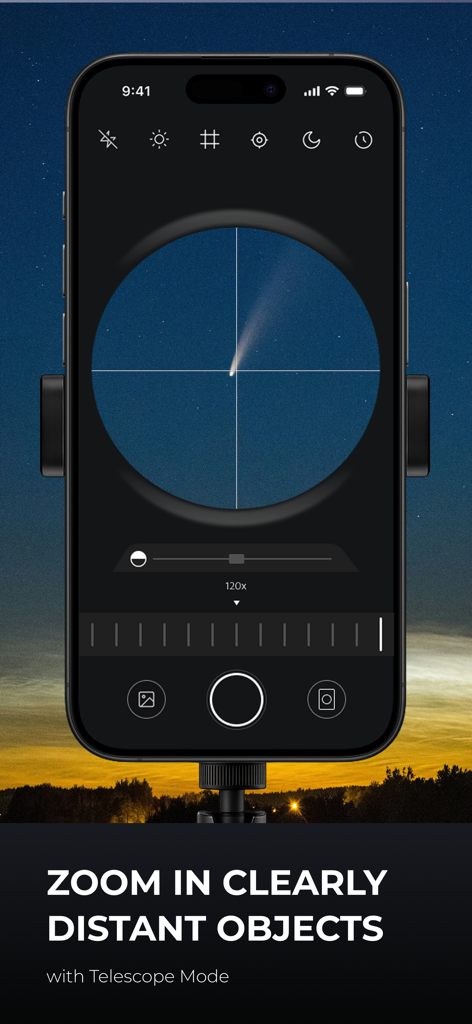 Super Zoom Telescope HD Camera app interface with 120x zoom targeting a comet