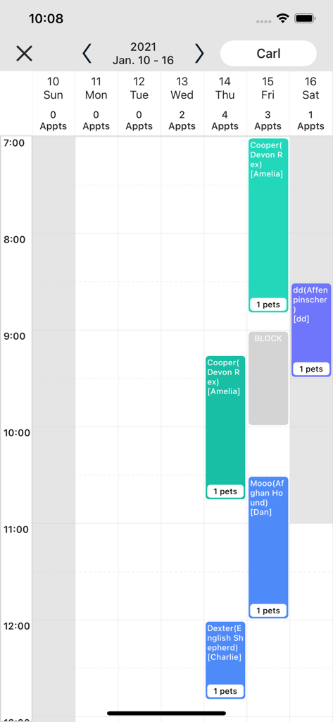 Weekly pet grooming schedule in the GrooMore app showing appointments for multiple dog breeds and time blocks.