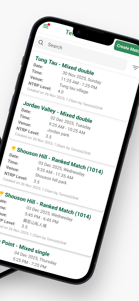 TennisGO HK - Pantalla de la app móvil que muestra una lista de partidos de tenis en Hong Kong con detalles como el nivel NTRP y la ubicación.