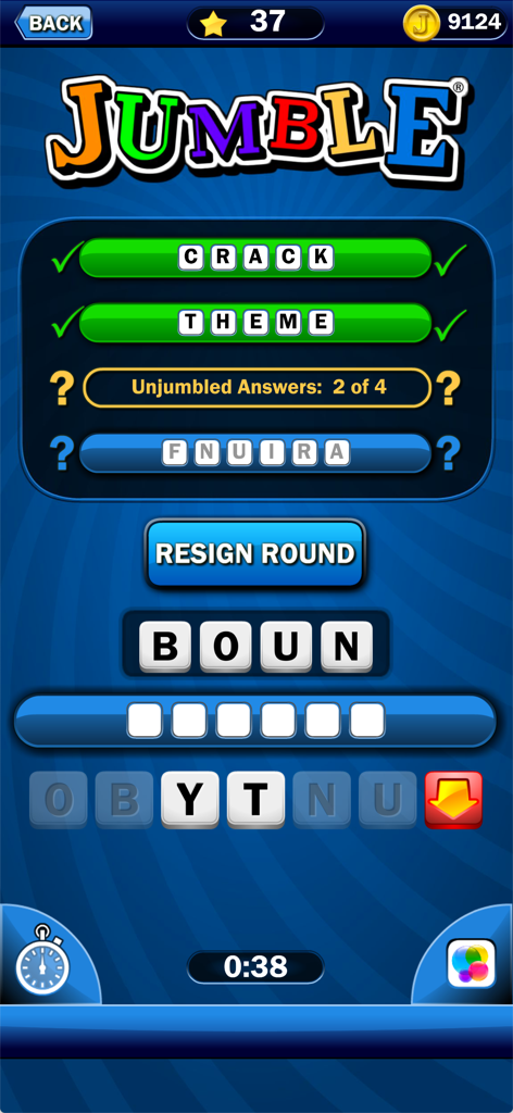 Just Jumble gameplay screen showing a word scramble challenge with letter tiles and a timer.