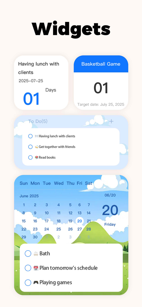 Widgets de la aplicación móvil TodoTick que muestran tareas del calendario y temporizadores de cuenta regresiva