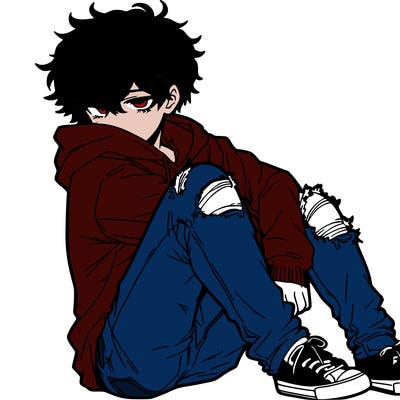 a male hoddie ripped jeans messy hair anime