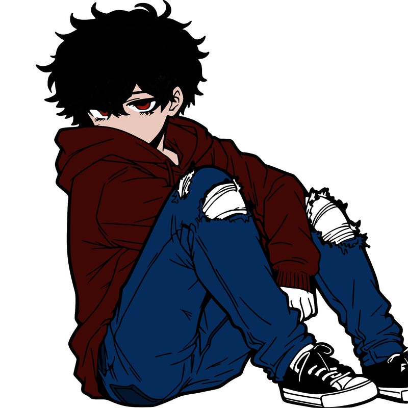 a male hoddie ripped jeans messy hair anime