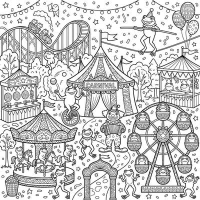 Step right up to a one-of-a-kind carnival where playful frogs are the stars of the show! This detailed coloring page features amphibians enjoying roller coasters, Ferris wheels, and circus acts, perfect for hours of creative fun.
