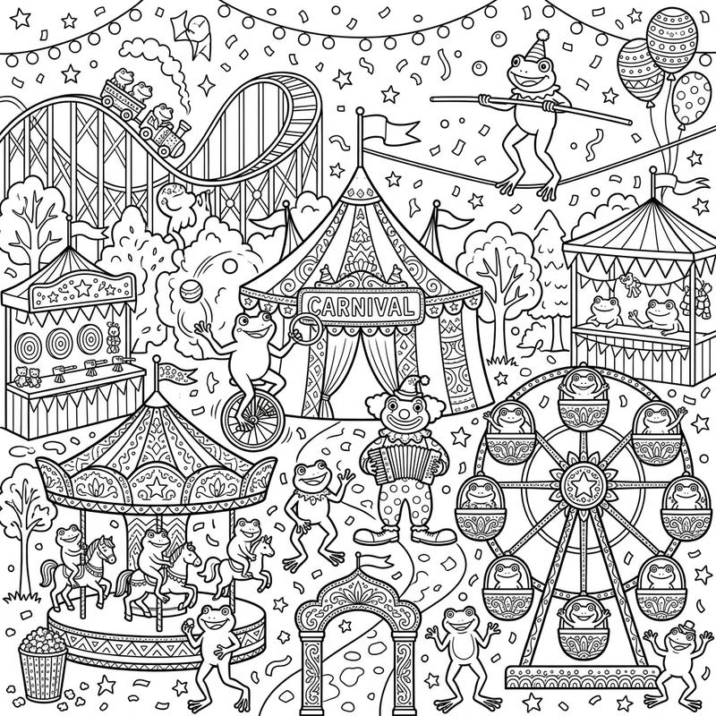 Step right up to a one-of-a-kind carnival where playful frogs are the stars of the show! This detailed coloring page features amphibians enjoying roller coasters, Ferris wheels, and circus acts, perfect for hours of creative fun.