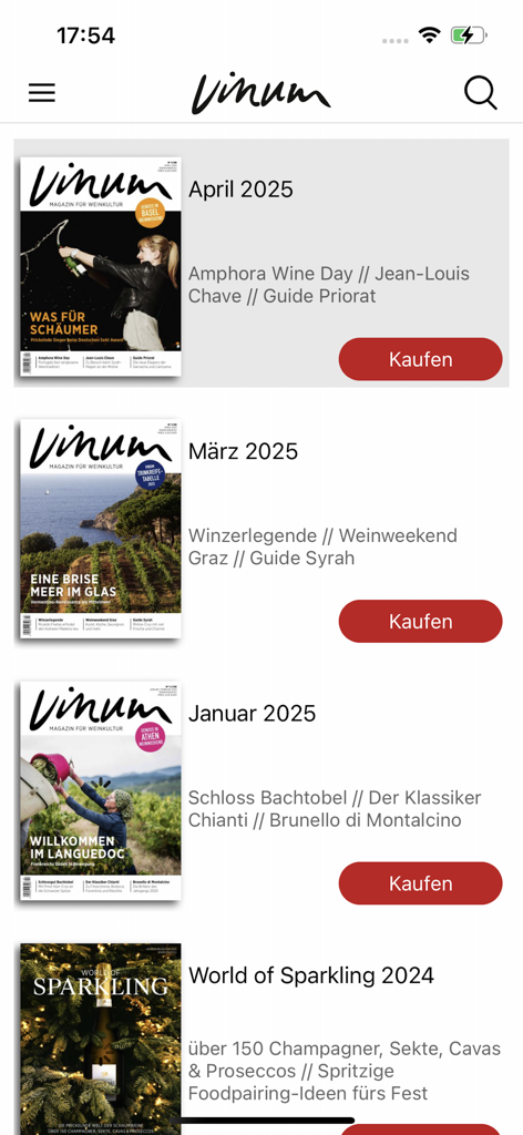 Digital magazine library in the Vinum wine app showing monthly issues and purchase options