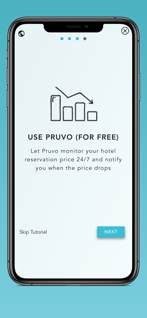 Pruvo app onboarding screen explaining free 24/7 hotel reservation price monitoring with a price drop chart