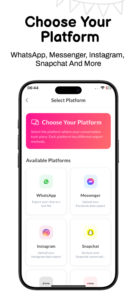 Red Flag Scanner Ai - A mobile app screen titled Choose Your Platform listing messaging apps like WhatsApp and Instagram for AI analysis.