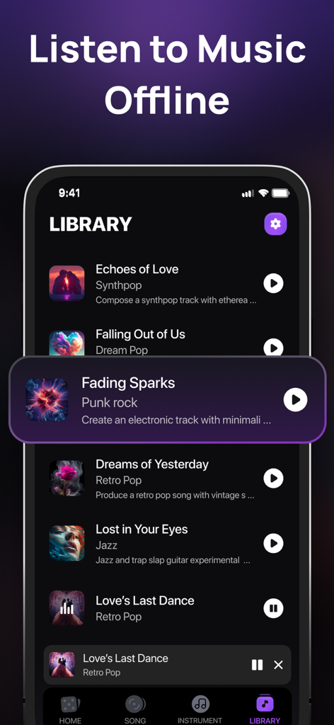 Pantalla de la biblioteca del Generador de Canciones con IA que muestra una lista de canciones generadas por IA para escuchar sin conexión