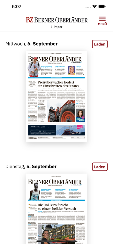 BZ Berner Oberländer E-Paper - Interface showing a list of daily newspaper editions for download in the BZ Berner Oberlander e-paper app