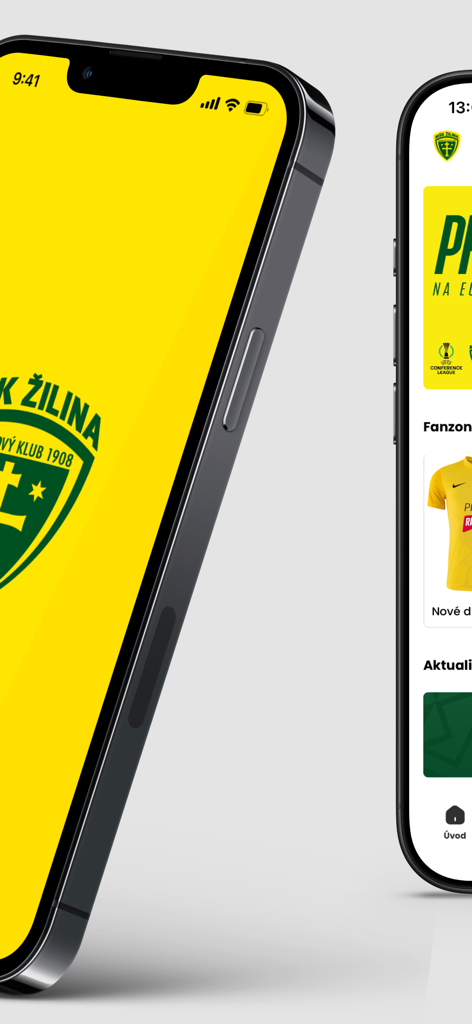 MŠK Žilina - Mobile interface of the MSK Zilina soccer club app featuring splash screen and home dashboard