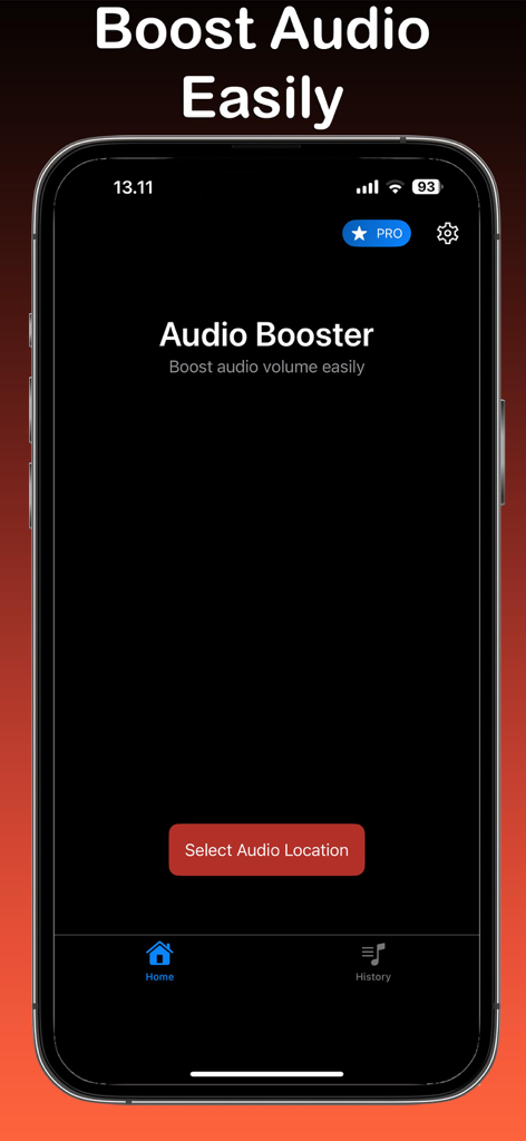 Schermata principale dell'app Audio Booster con un pulsante di selezione della posizione audio su un iPhone
