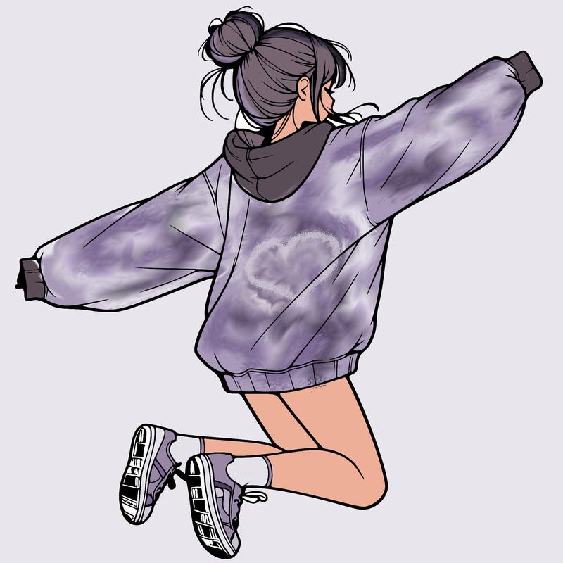 realistic girl jumping with a bun and oversized sweatshirt