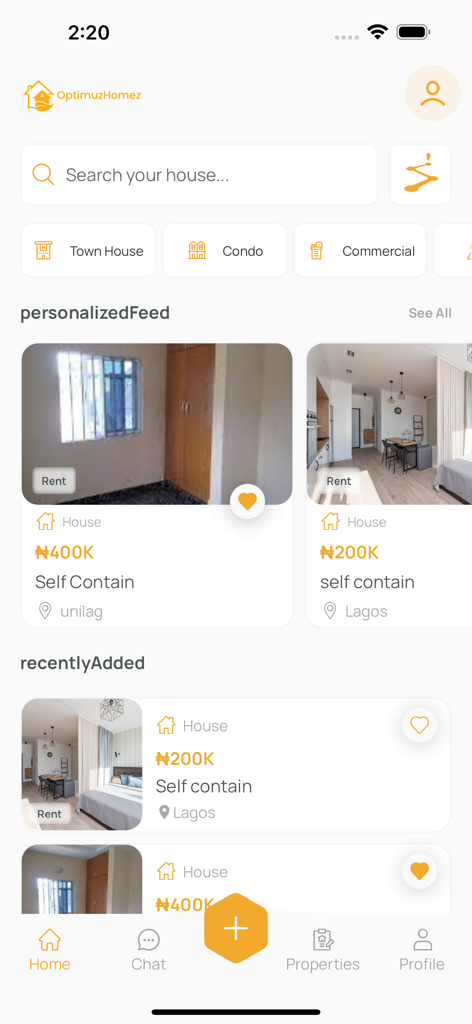 Optimuzhomez mobile app home screen featuring property search and real estate listings