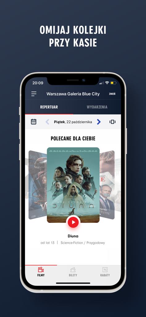 Interface of the Kino Helios app showing movie listings and recommendations on an iPhone