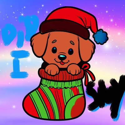 cute puppy wearing santa hat in socking